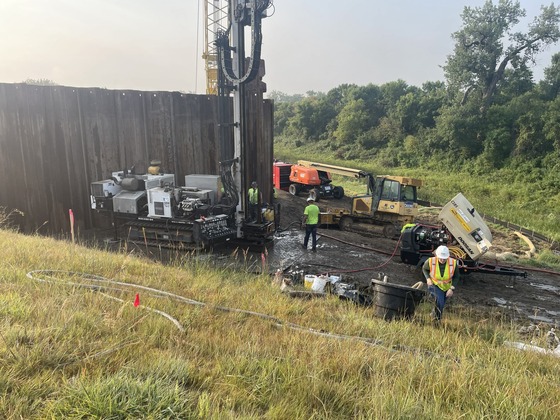 Photo of crews working on storm sewer outfall structure work at 3rd St. SE in Mandan, North Dakota.
