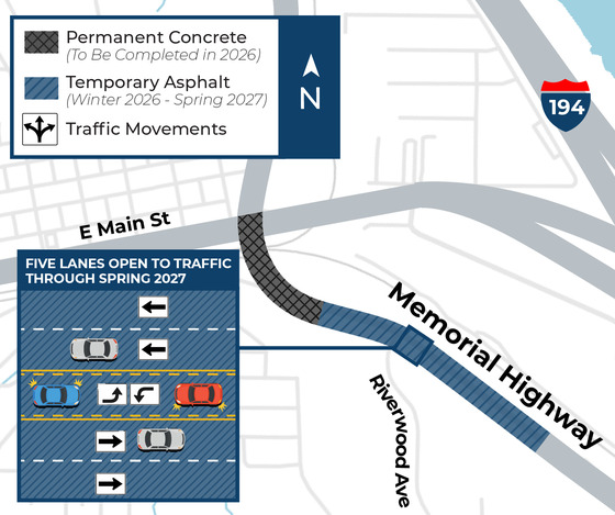 Traffic configuration for winter 2026-2027 at Memorial Highway in Mandan, ND.