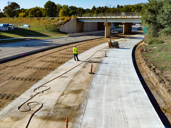 Paving work on Memorial Highway in Mandan, ND.