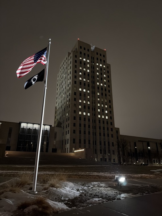 The North Dakota Capitol windows are lighted with the number 2026 to mark the New Year.
