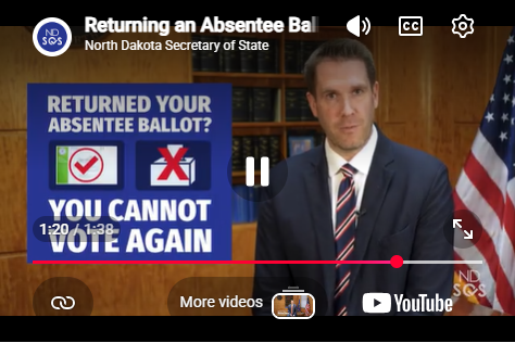 Thumbnail of Returning an Absentee Ballot video. Secretary Howe is speaking and there are YouTube controls.