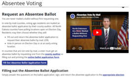 Screenshot of the ND Secretary of State's Absentee Voting webpage. Content is on the left and an embedded Absentee Vote By Mail video is on the right.