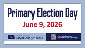 Blue and red graphic - Primary Election Day June 9, 2026. Includes North Dakota Secretary of State logo and visit vote.nd.gov.