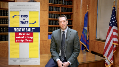 Thumbnail of Primary Election ballot video with Secretary Howe sitting by desk and speaking to camera.