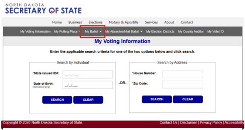 My Voting Info Portal login screen with My Ballot highlighted in top navigation