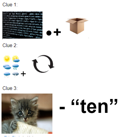 Clues to the resource coming this spring - coding image and box; climate image and arrows going in circle; image of a kitten subtract ten