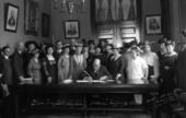 Gov. Frazier signs women's suffrage bill, 1917. Click to go to https://digitalhorizonsonline.org/digital/collection/ppf/id/16380/rec/1