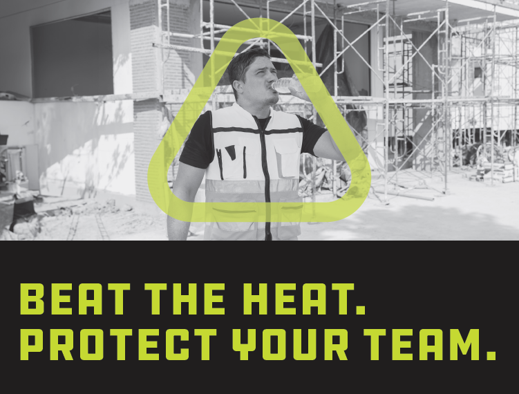 Black and white photo of man wearing high-visibility vest and drinking water. The green Get Home Safe triangle surrounds him.