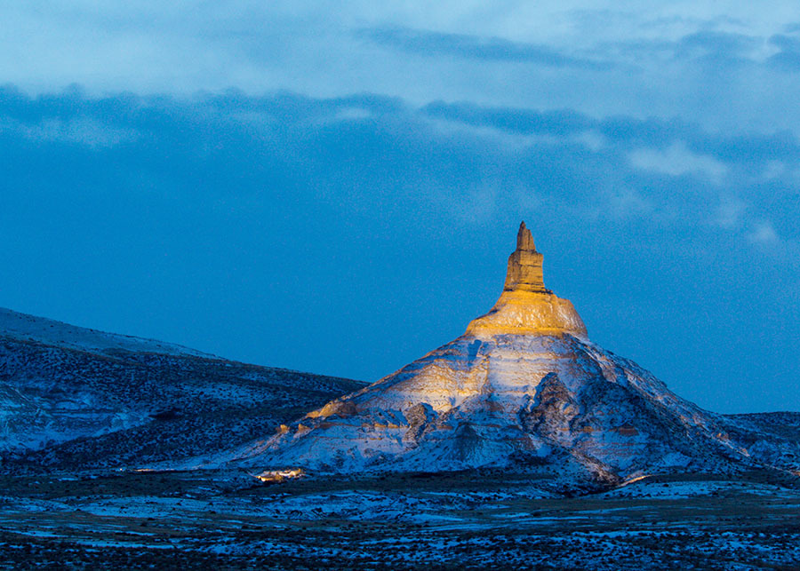 Chimney Rock during a cool blue evening