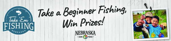 Header with image of kid holding a fish and "Take a beginner fishing, win prizes!"