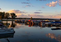 View of the dock at Lewis and Clark State Recreation Area at sunset