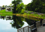 Boardwalk for anglers by fishing pond at Ponca State Park