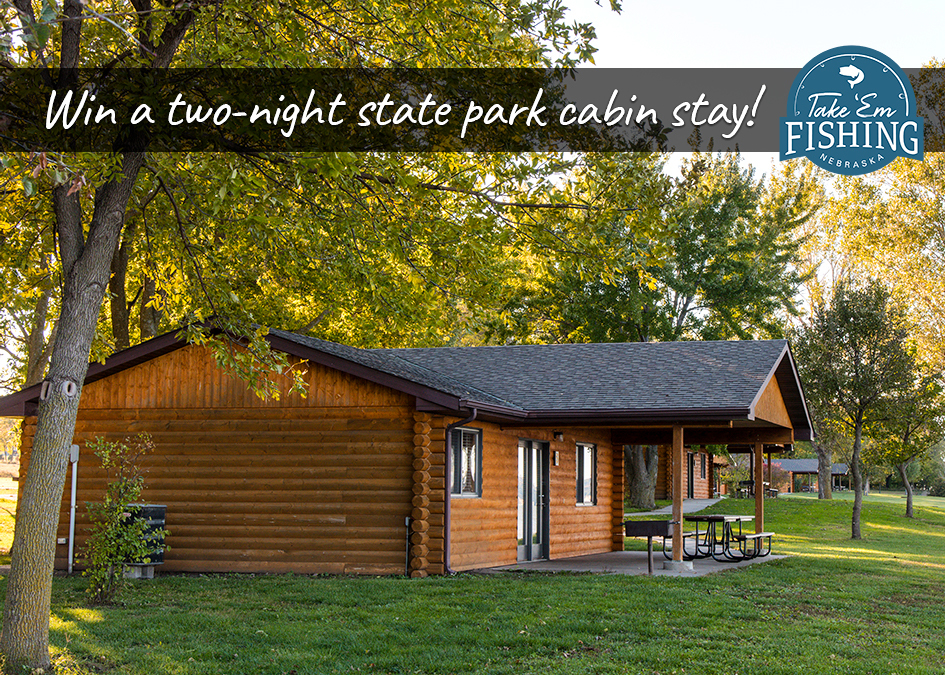 State park cabin with text explaining that you could win a two-night cabin stay