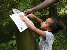 Girl filling out a Great Park Pursuit rubbing sheet