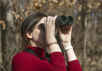 Woman using binoculars to watch birds