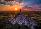 Winning photo showing aerial view of Chimney Rock at sunset