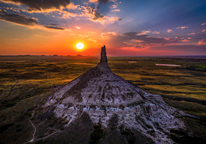 Aerial view of Chimney Rock at sunset