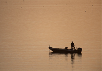 Silhouette of angler jigging from boat at sunset