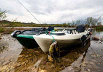 Stringers with rock bass hang from kayaks at Carter P. Johnson Reservoir.