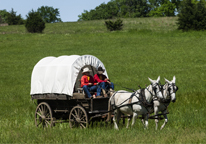 Horses pulling a covered wagon at Rock Creek Station State Historical Park