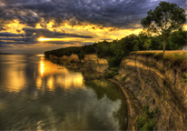 Rocky shoreline at Lewis and Clark State Recreation Area at sunset