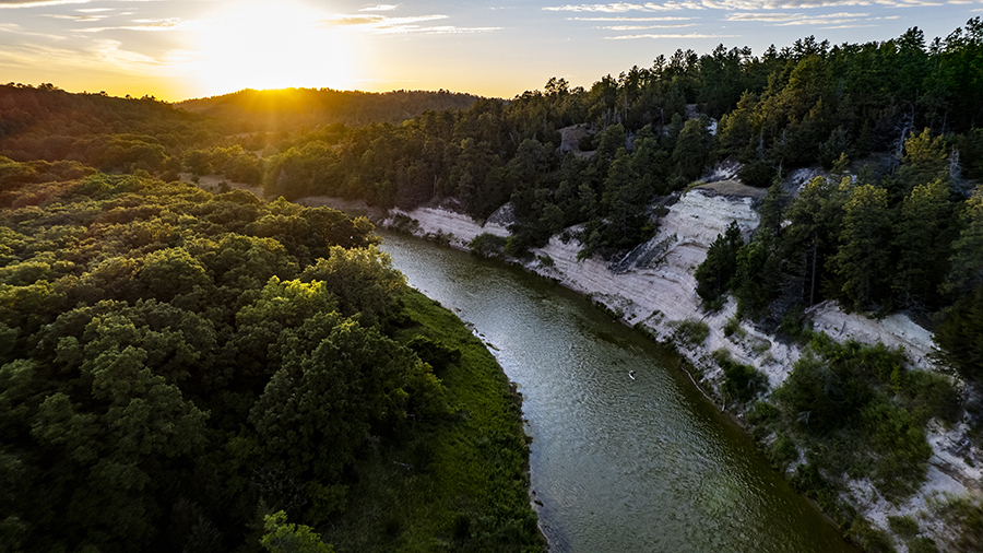 Drone shot of kayaker on Niobrara River at sunset