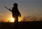 Silhouette of duck hunter in the field