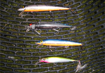 Several fishing lures laying on a net