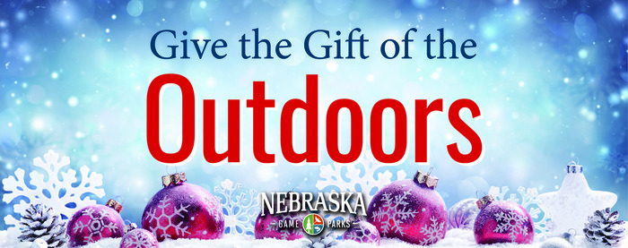 "Give the gift of the outdoors" with Game and Parks logo and holiday background