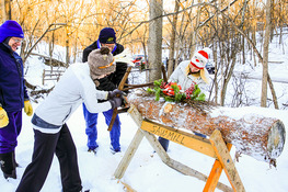 People sawing a yule log at Platte River State Park