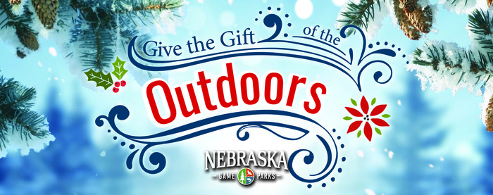 "Give the gift of the outdoors" and Game and Parks logo on holiday background