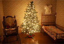 Lighted Christmas tree inside Buffalo Bill's mansion