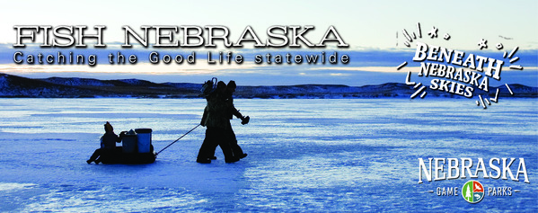 Anglers ice-fishing with text "Fish Nebraska: Catching the Good Life statewide"