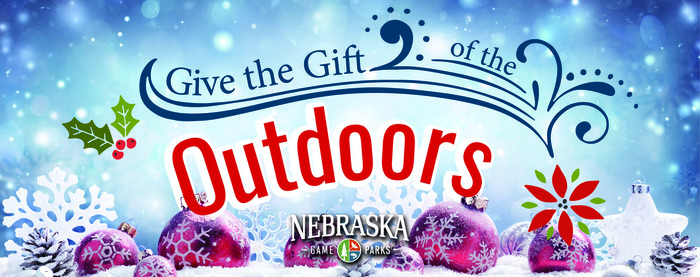 "Give the gift of the outdoors" on holiday background