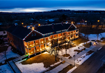 Building adorned with Christmas lights at Fort Robinson State Park