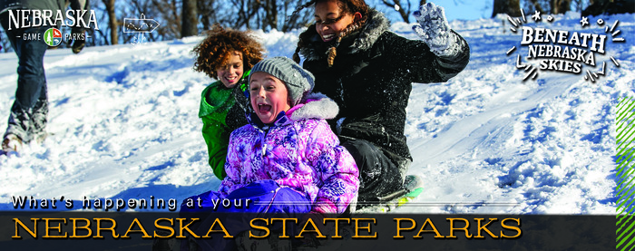 Banner with kids sledding, text "What's happening at your Nebraska state parks"