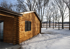 Cabins in winter at Lewis and Clark State Recreation Area