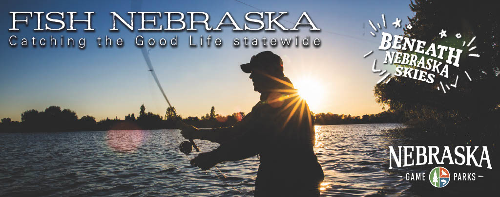 Silhouette of angler fishing with text: "Fish Nebraska: Catching the Good Life statewide"