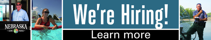 Collage of images of Nebraska Game and Parks staff at work, with text "We're Hiring! Learn more"