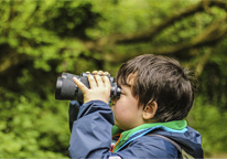 Boy looking for birds with binoculars