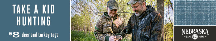 Ad: Take a Kid Hunting; $8 deer and turkey tags. Image of father and son hunting turkeys in spring.