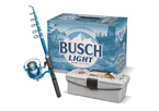 A pack of Busch Light beers with fishing rod and tackle box