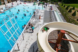 Overhead view of Ponca State Park's pool and kid on water slide