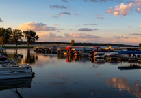 Boat dock at sunset at Lewis and Clark State Recreation Area