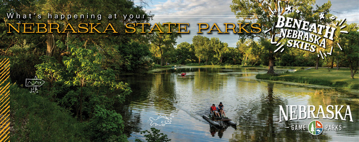 People paddleboating on a lake, with text "What's happening at your Nebraska state parks"