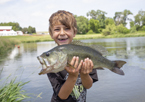 Boy holding up a largemouth bass