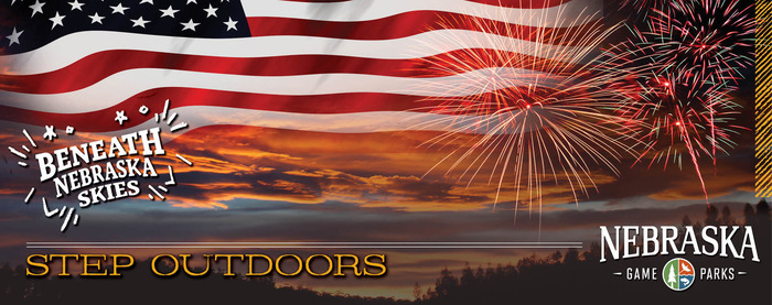 Fireworks, an American flag and a sunset view with text "Step Outdoors"