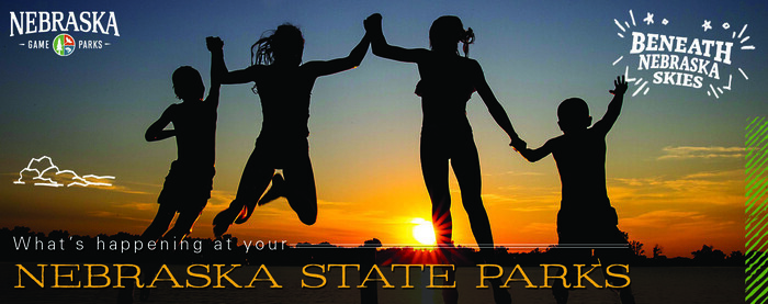 Silhouette of kids jumping into a lake at sunset, with text "What's going on at your Nebraska state parks"