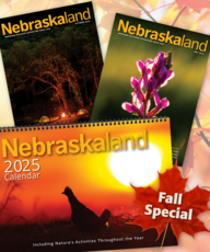 Spread of Nebraskaland Magazine covers and calendar with fall background