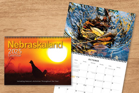 Graphic showing the cover and an inside page of the Nebraskaland Calendar on a wooden background